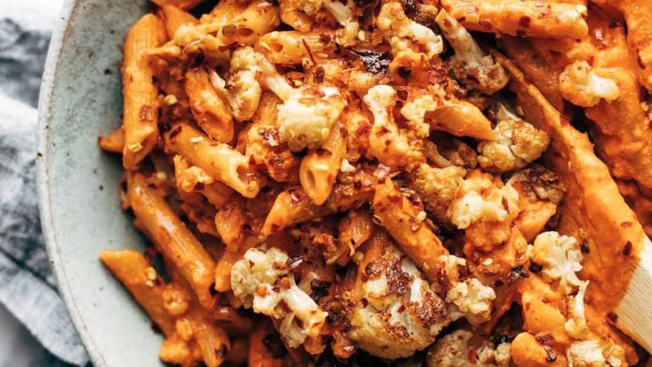 Red Pepper Cashew Pasta with Roasted Cauliflower